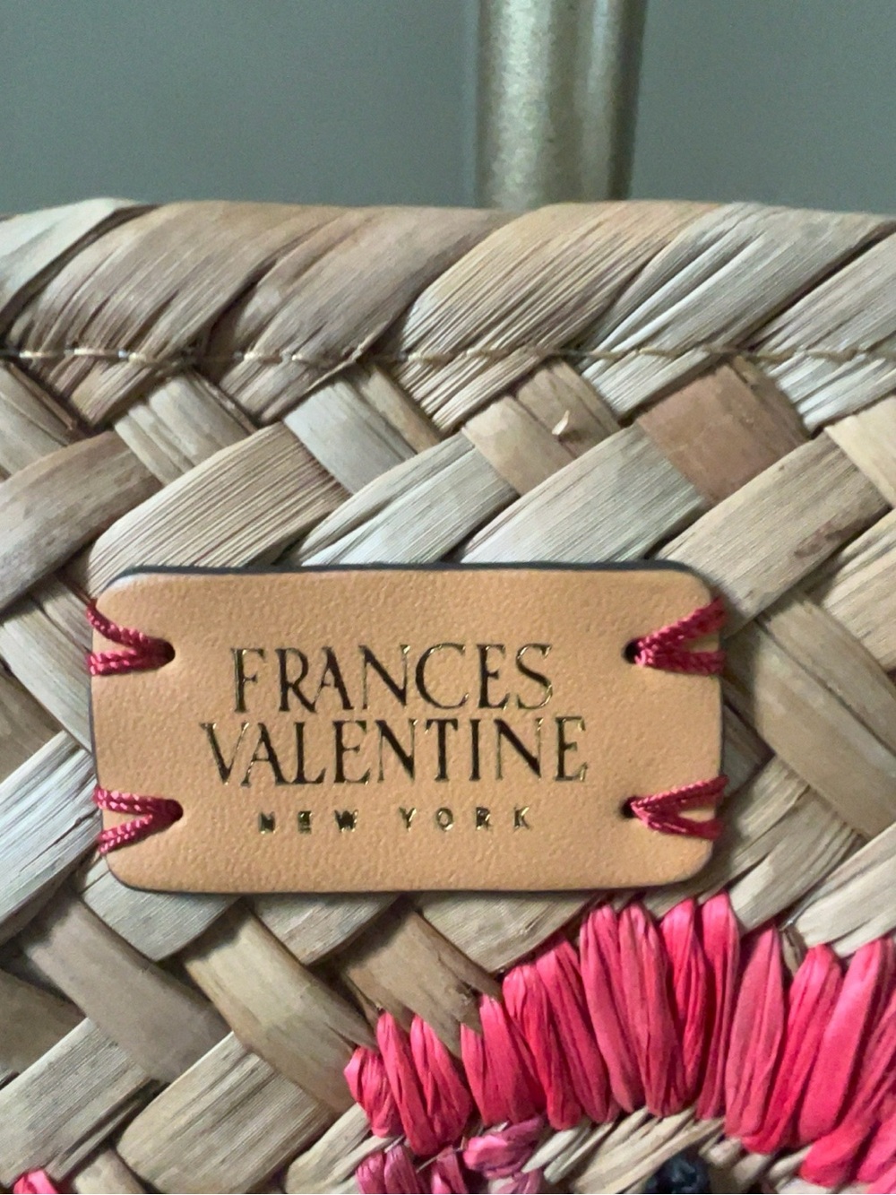 Frances Valentine Floral Straw Tote Beach Bag Leather Trim Pink Raffia - Picture 5 of 16